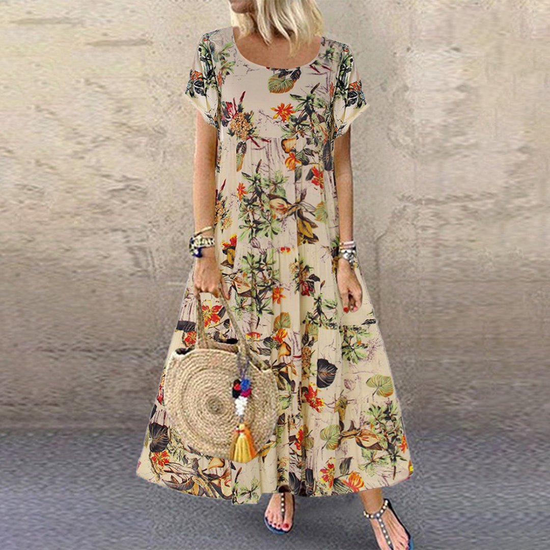 Fleur | Dames Losvallende Bloemenprint Maxi-jurk Korte Mouwen