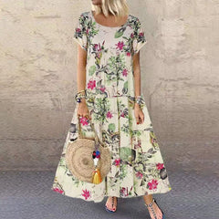 Fleur | Dames Losvallende Bloemenprint Maxi-jurk Korte Mouwen