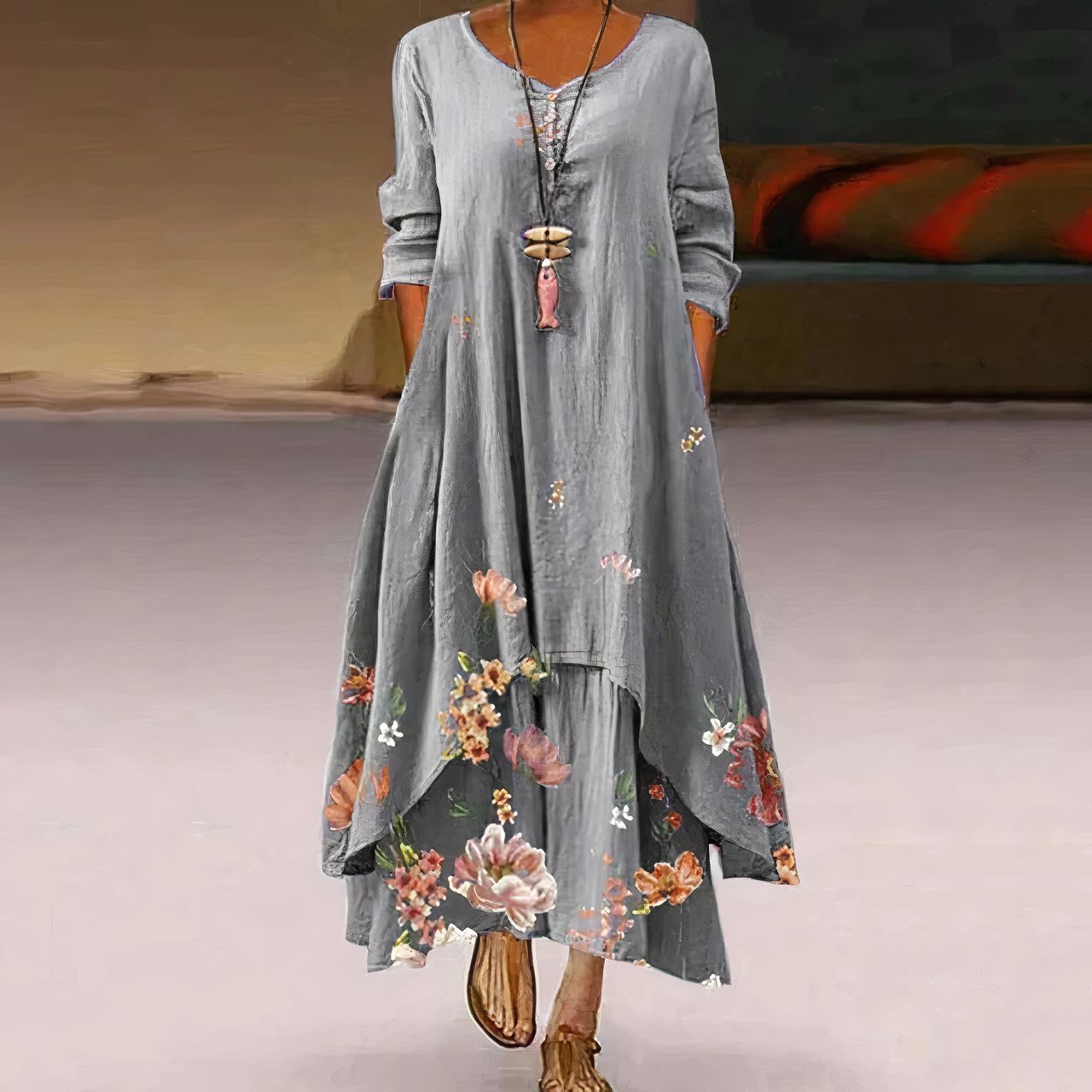 Femke | Dames Losvallende Bloemenprint Maxi-jurk Lange Mouw Ronde Hals