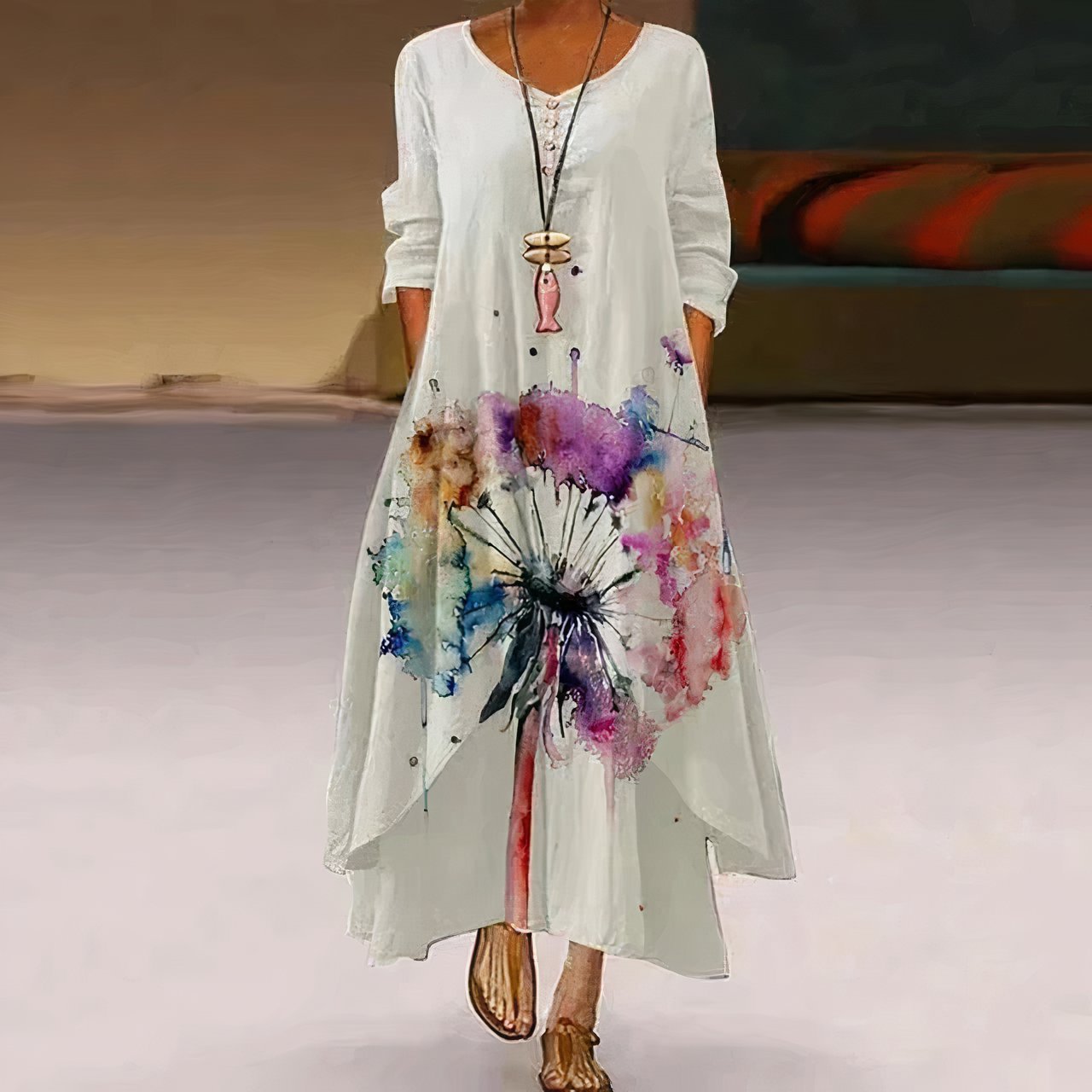 Femke | Dames Losvallende Bloemenprint Maxi-jurk Lange Mouw Ronde Hals