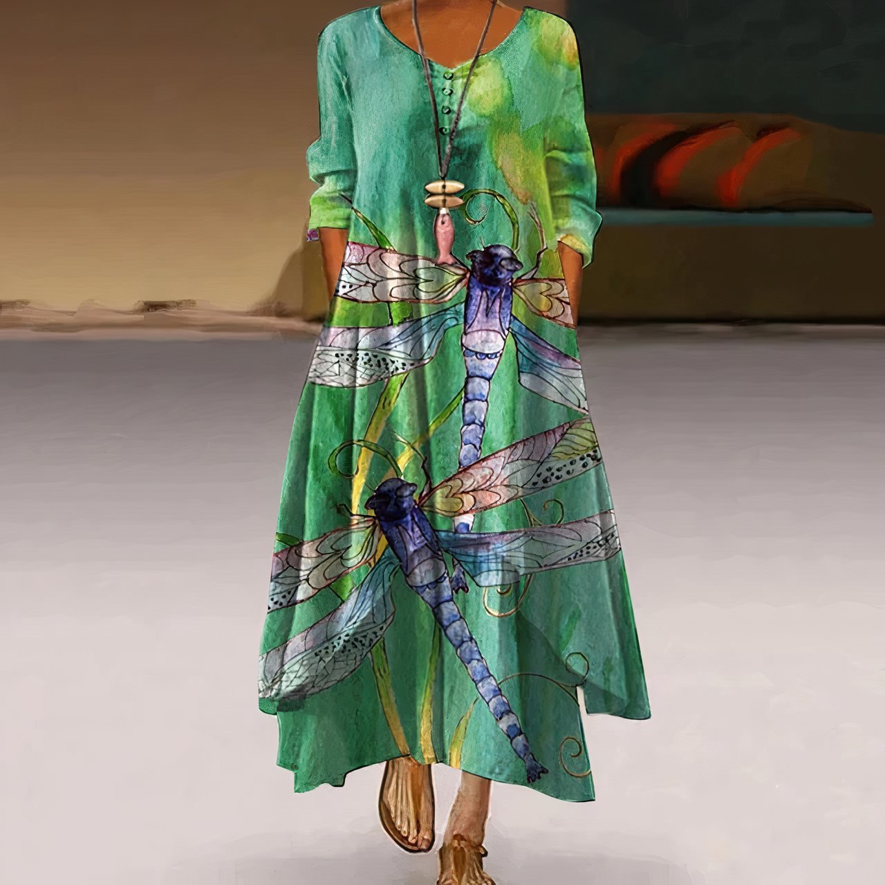 Femke | Dames Losvallende Bloemenprint Maxi-jurk Lange Mouw Ronde Hals