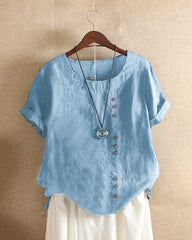 Emma | Dames Losvallende Linnen Blouse Asymmetrische Knoopsluiting