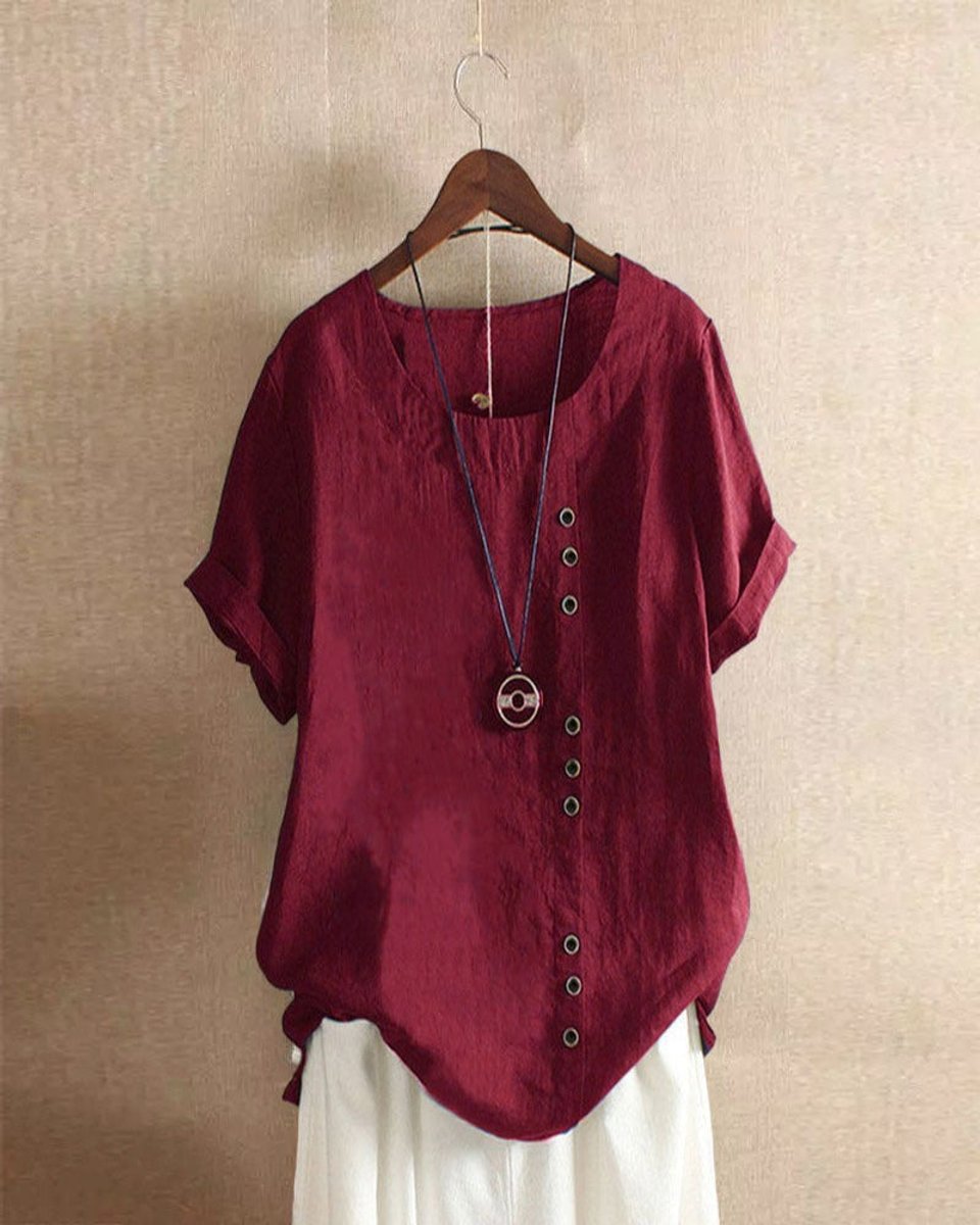 Emma | Dames Losvallende Linnen Blouse Asymmetrische Knoopsluiting