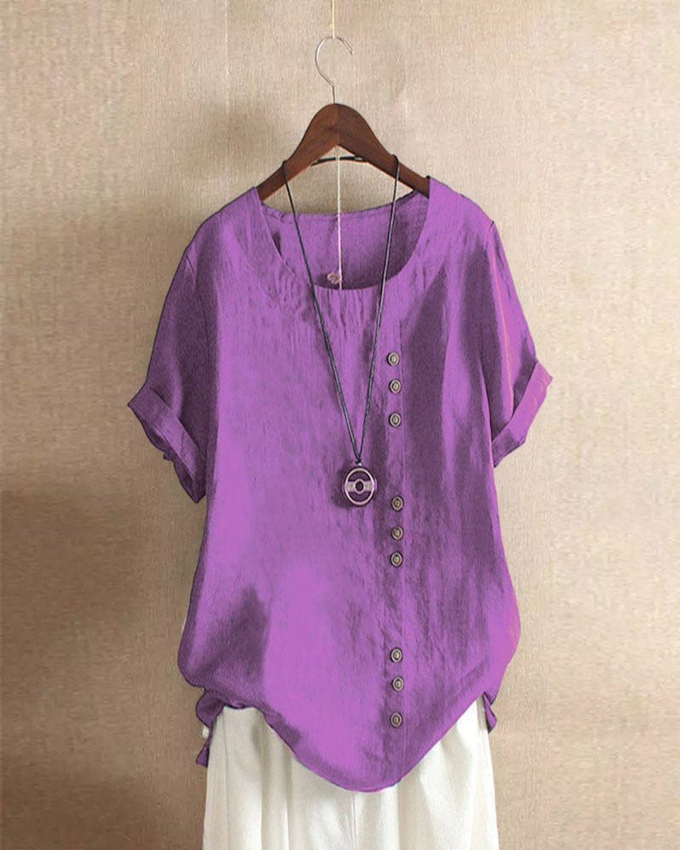 Emma | Dames Losvallende Linnen Blouse Asymmetrische Knoopsluiting