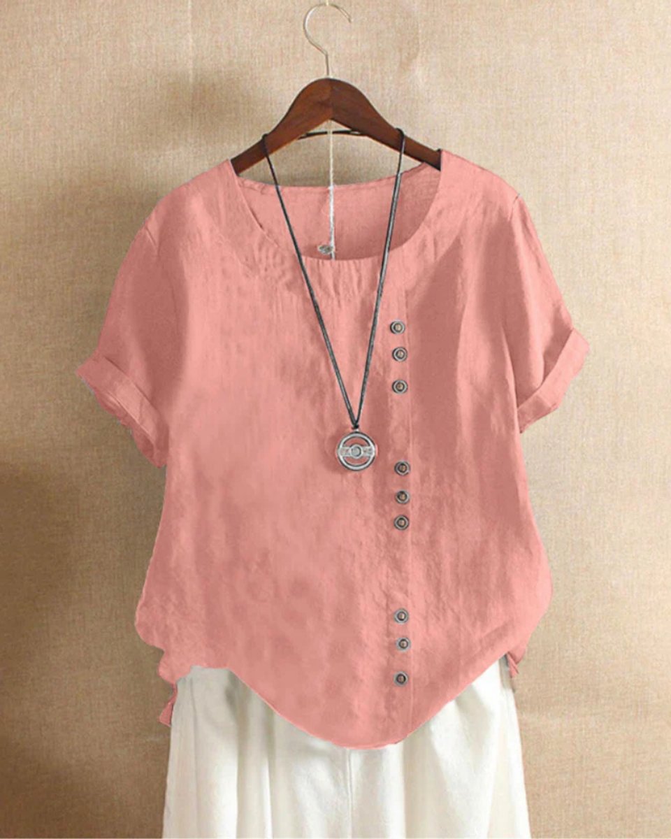 Emma | Dames Losvallende Linnen Blouse Asymmetrische Knoopsluiting