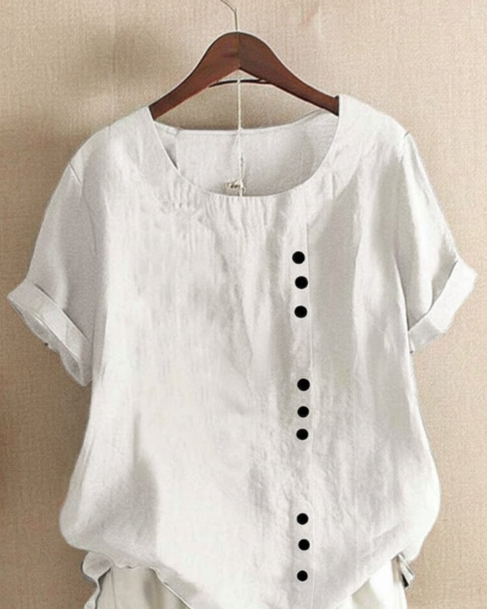 Emma | Dames Losvallende Linnen Blouse Asymmetrische Knoopsluiting