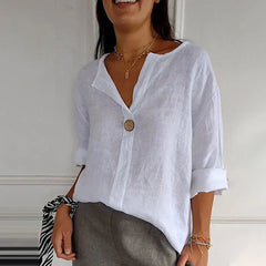 Nina | Dames Losvallende Linnen V-hals Blouse Houten Knoop