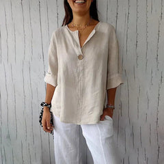 Nina | Dames Losvallende Linnen V-hals Blouse Houten Knoop