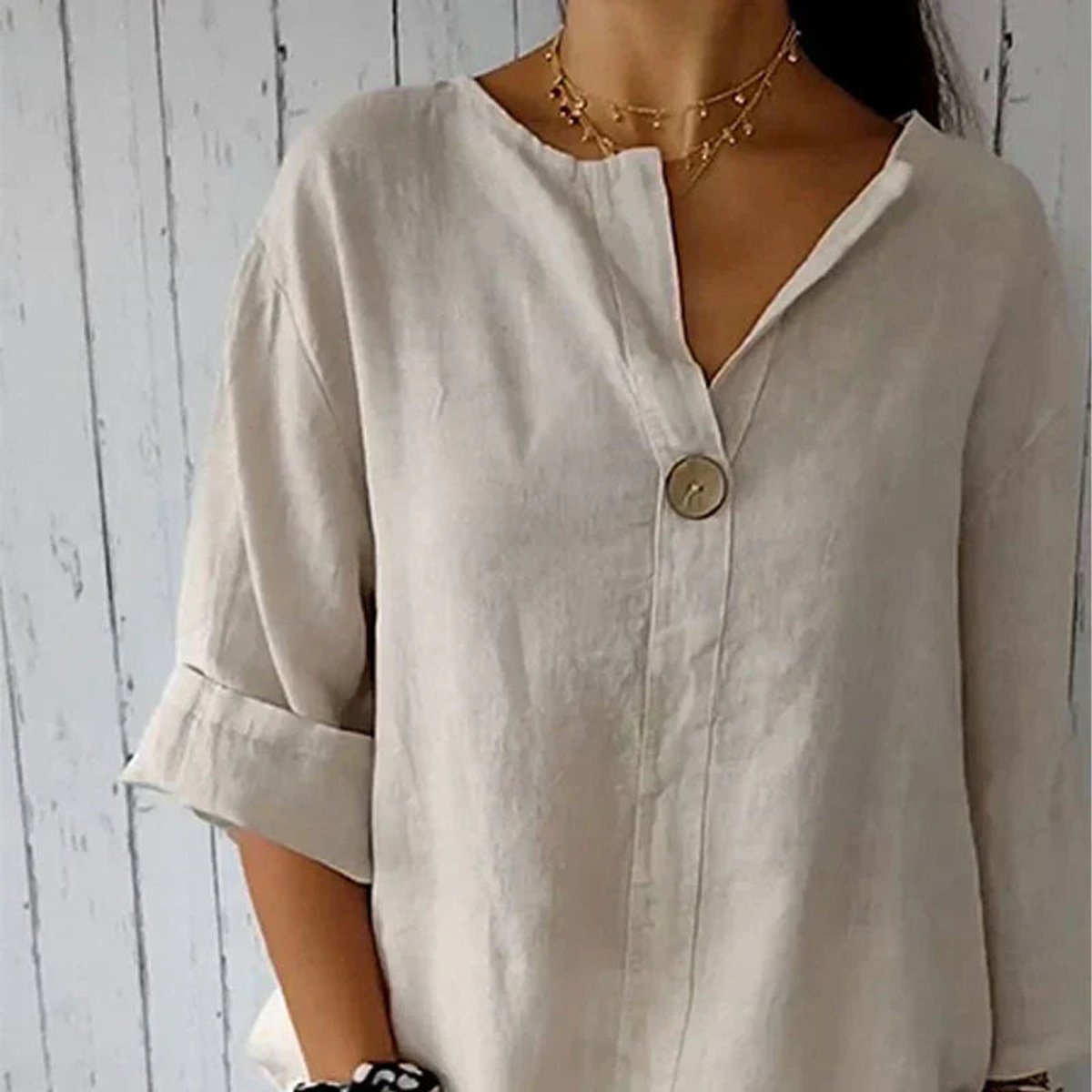Nina | Dames Losvallende Linnen V-hals Blouse Houten Knoop