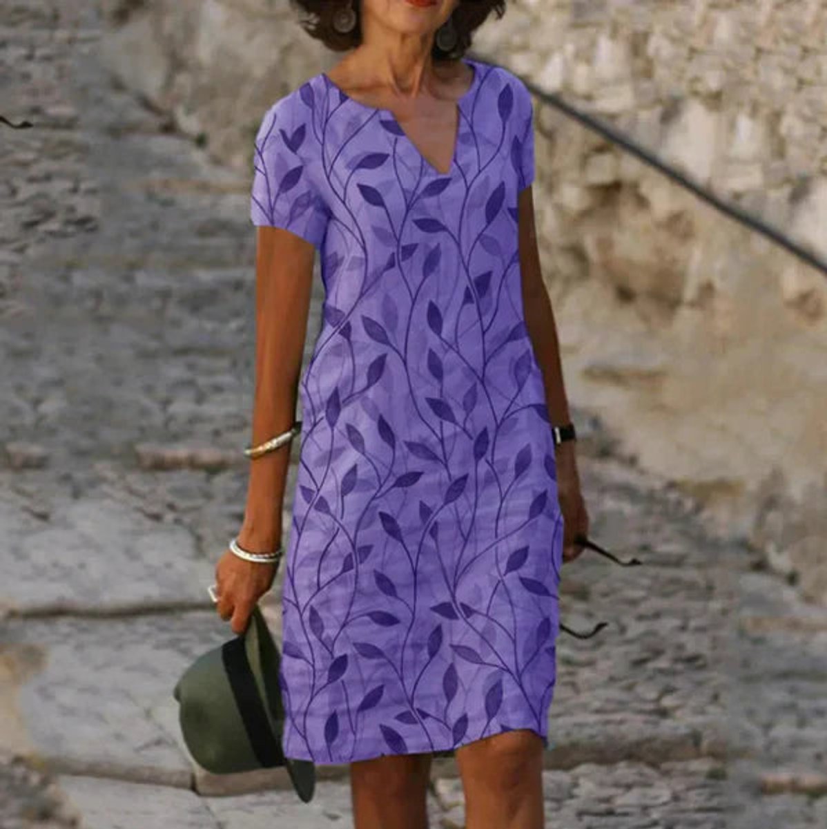 Fleur | Dames Losvallende V-hals Bladprint Zomerjurk Korte Mouw