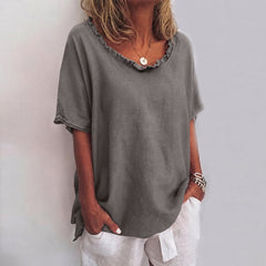 Nina | Dames Loszittende Ruches Katoenen Blouse met Korte Mouwen
