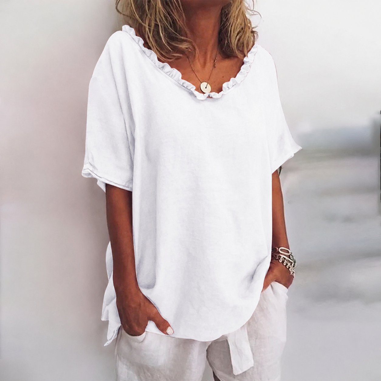 Nina | Dames Loszittende Ruches Katoenen Blouse met Korte Mouwen