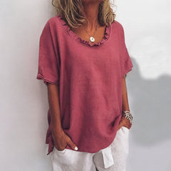 Nina | Dames Loszittende Ruches Katoenen Blouse met Korte Mouwen