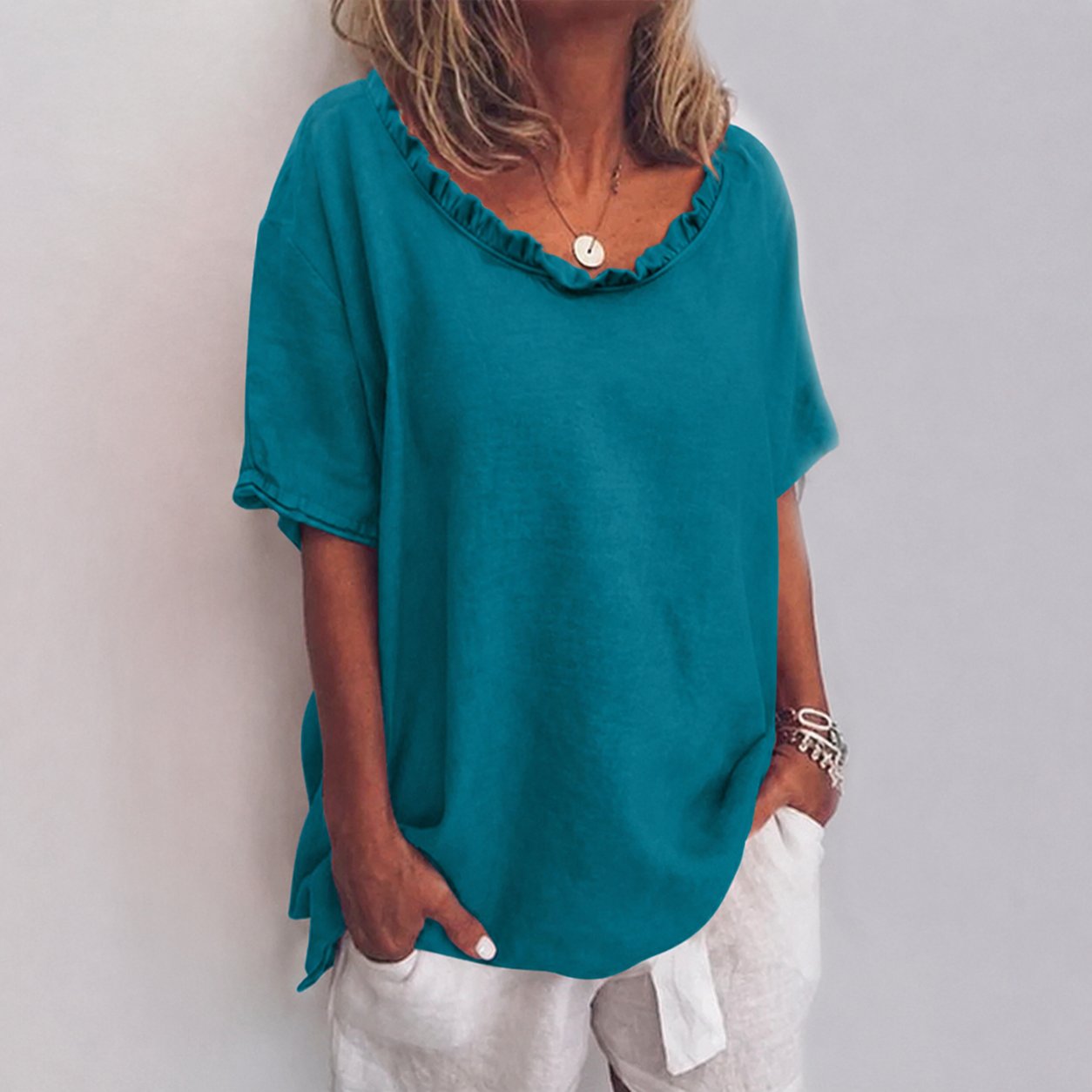 Nina | Dames Loszittende Ruches Katoenen Blouse met Korte Mouwen