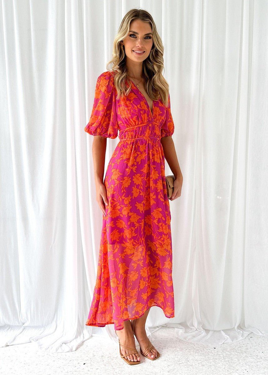 Anna | Dames Luchtige Midi Jurk Bloemenprint Pofmouwen V-hals