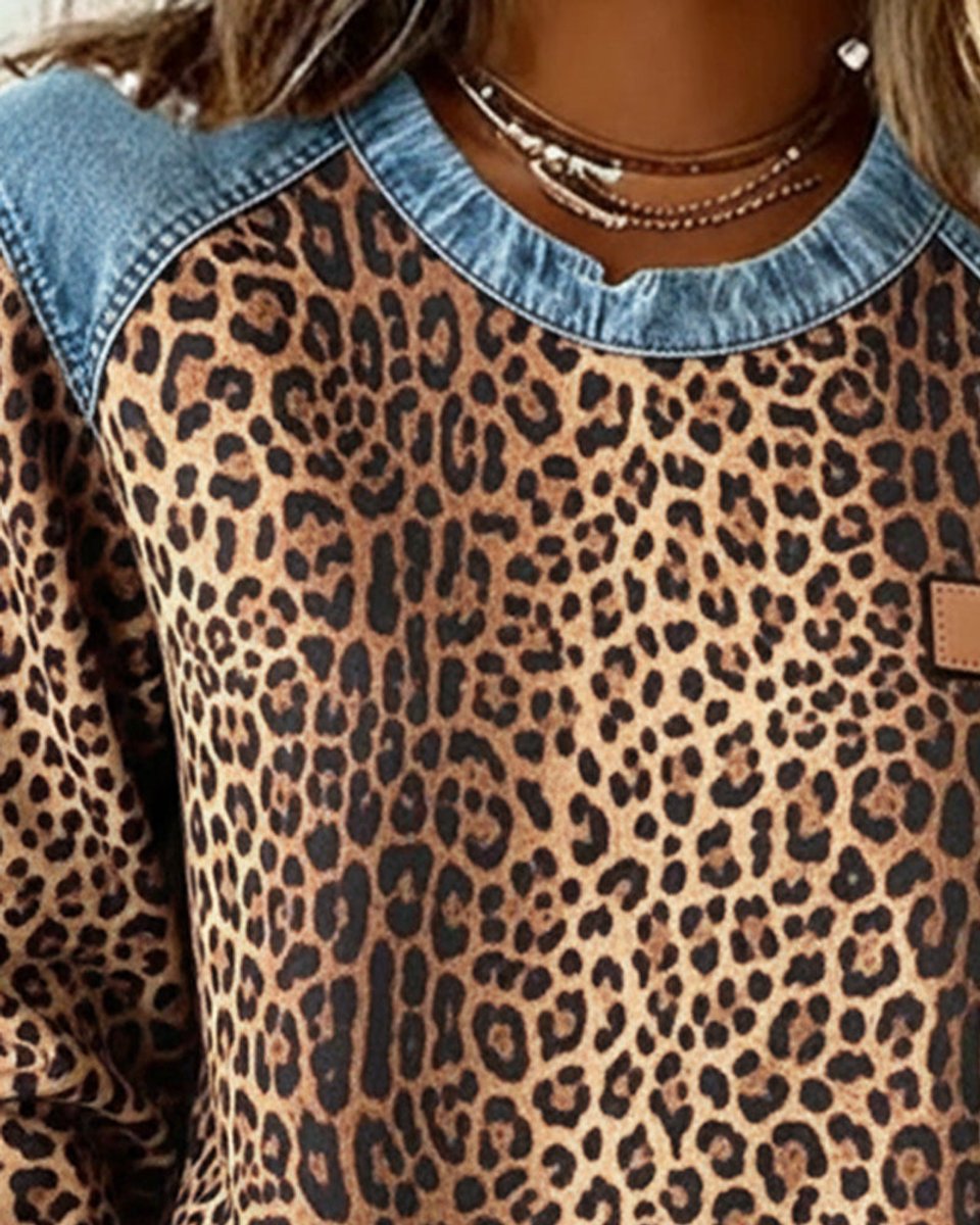 Lotte | Dames Luipaardprint Denim Patchwork Sweater Ronde Hals