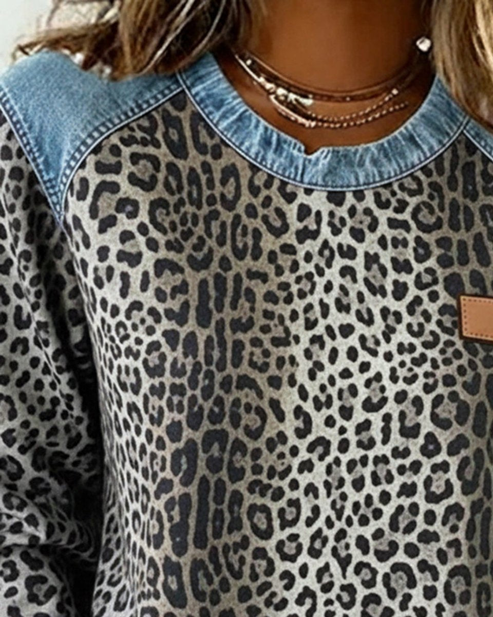 Lotte | Dames Luipaardprint Denim Patchwork Sweater Ronde Hals