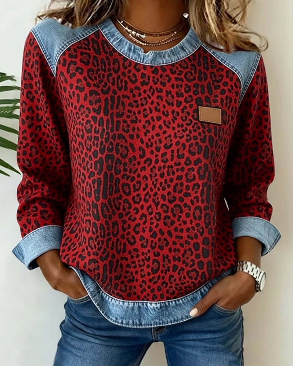 Lotte | Dames Luipaardprint Denim Patchwork Sweater Ronde Hals
