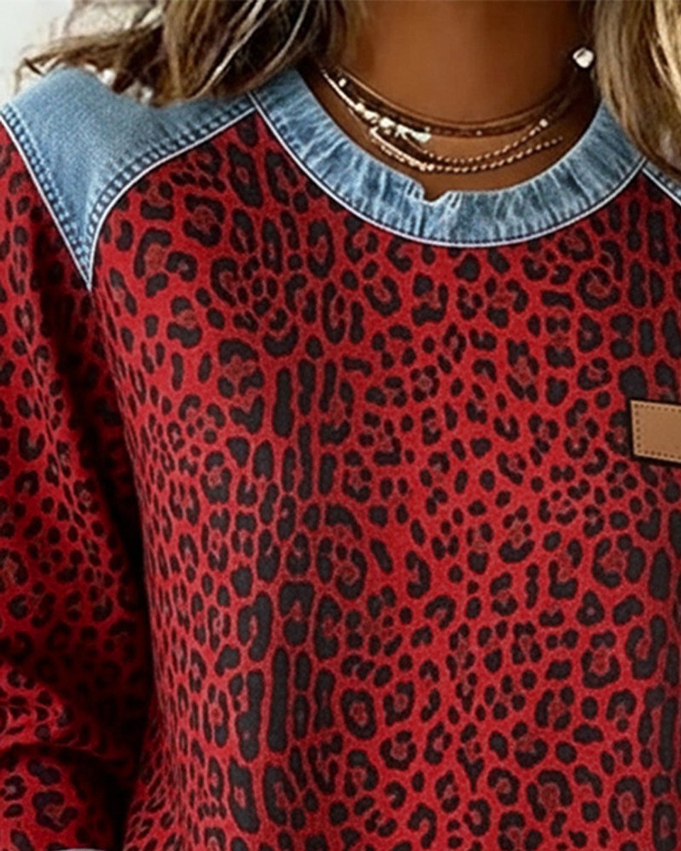 Lotte | Dames Luipaardprint Denim Patchwork Sweater Ronde Hals