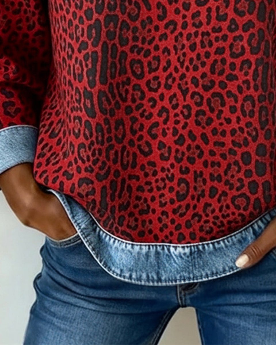 Lotte | Dames Luipaardprint Denim Patchwork Sweater Ronde Hals