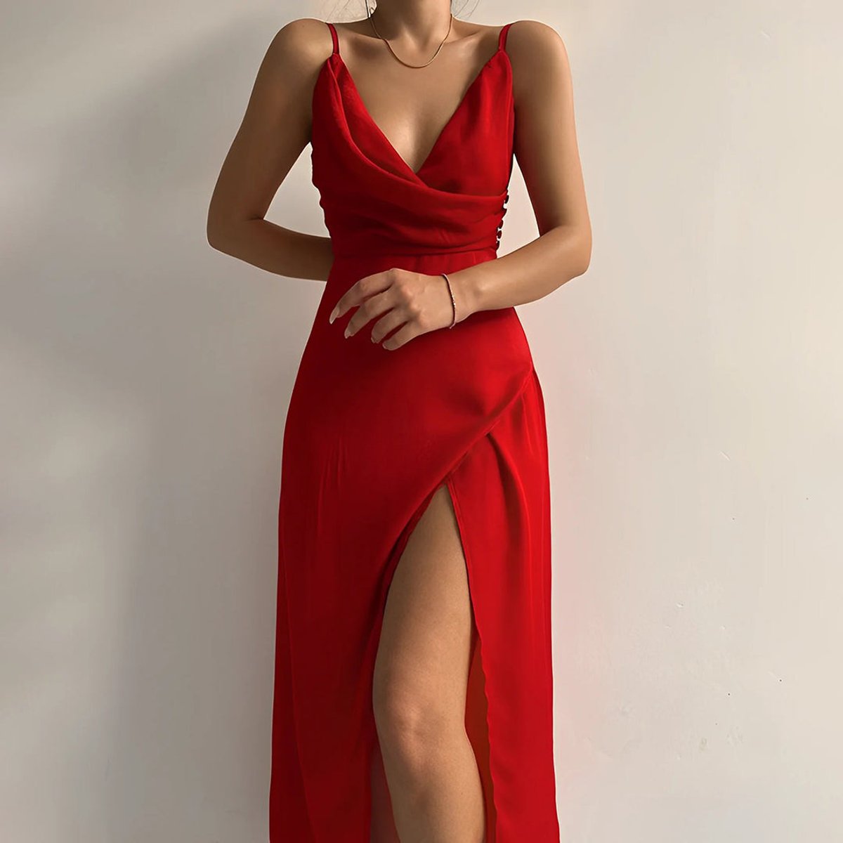 Nora | Dames Maxi Cocktail Party Dress Spaghettibandjes Diepe V-hals Zijsplit