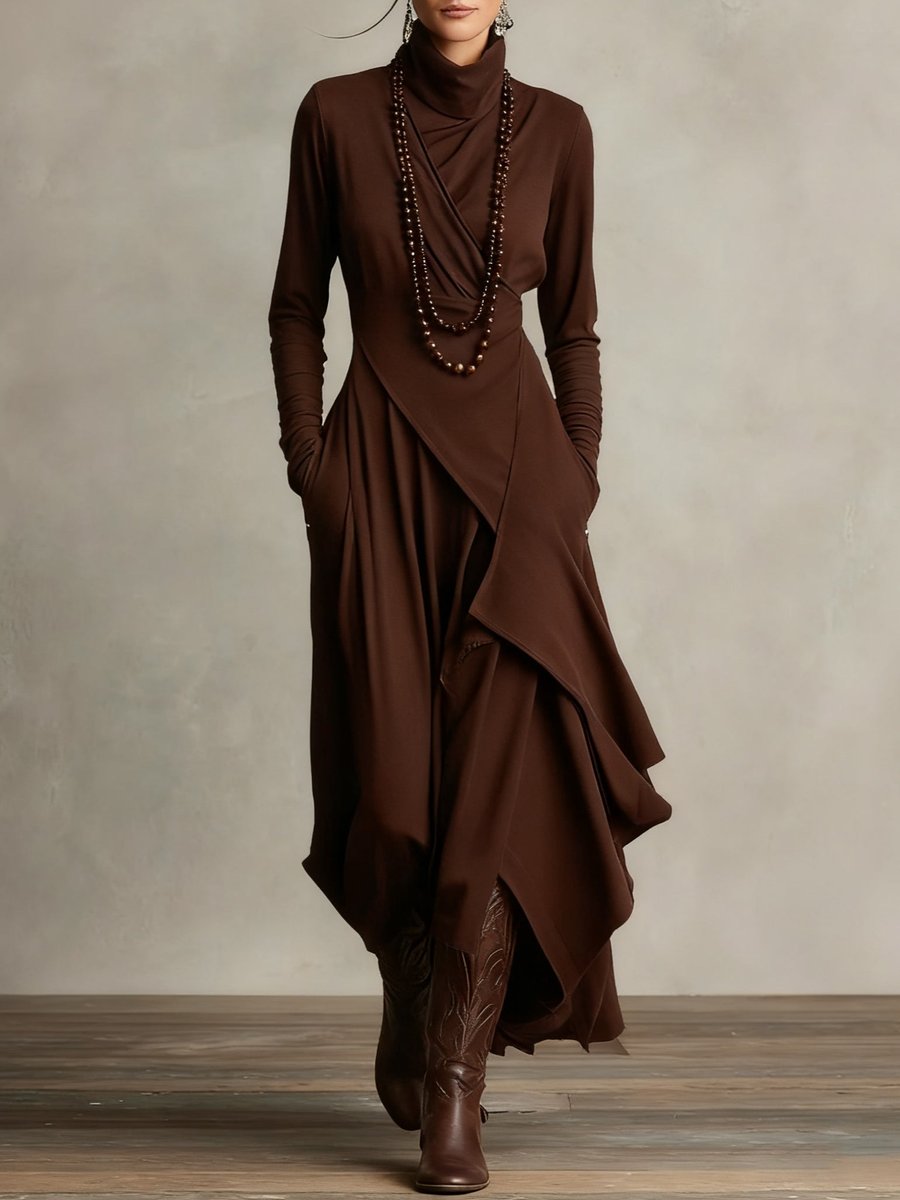 Mila | Dames Maxi Long Sleeve Dress Coltrui Asymmetrische Rok