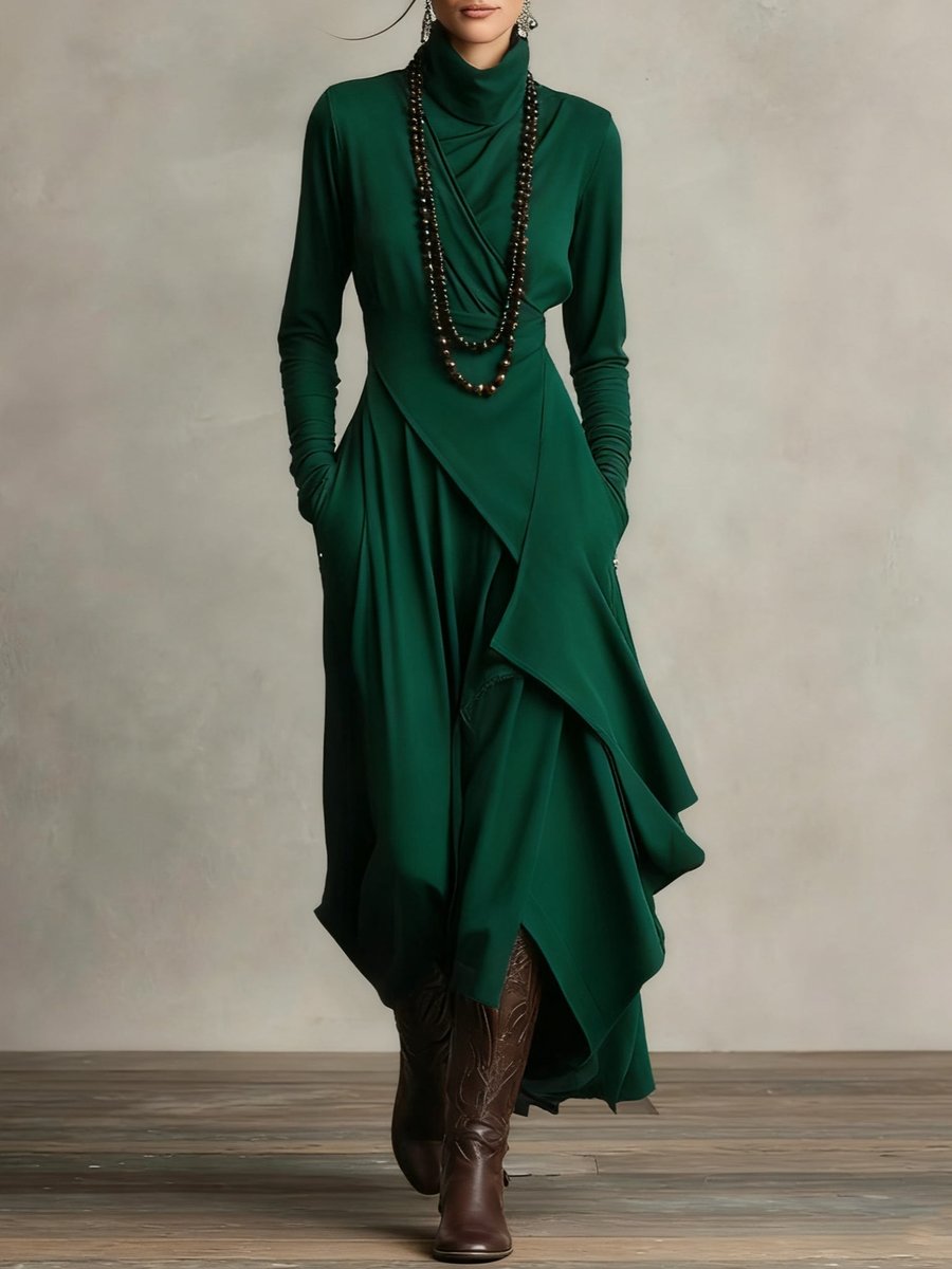 Mila | Dames Maxi Long Sleeve Dress Coltrui Asymmetrische Rok