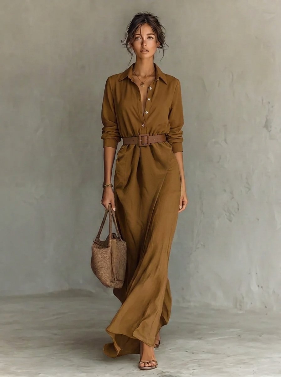 Mila | Dames Maxi Long Sleeve Dress Gesmockte Taille Hemdsjurk