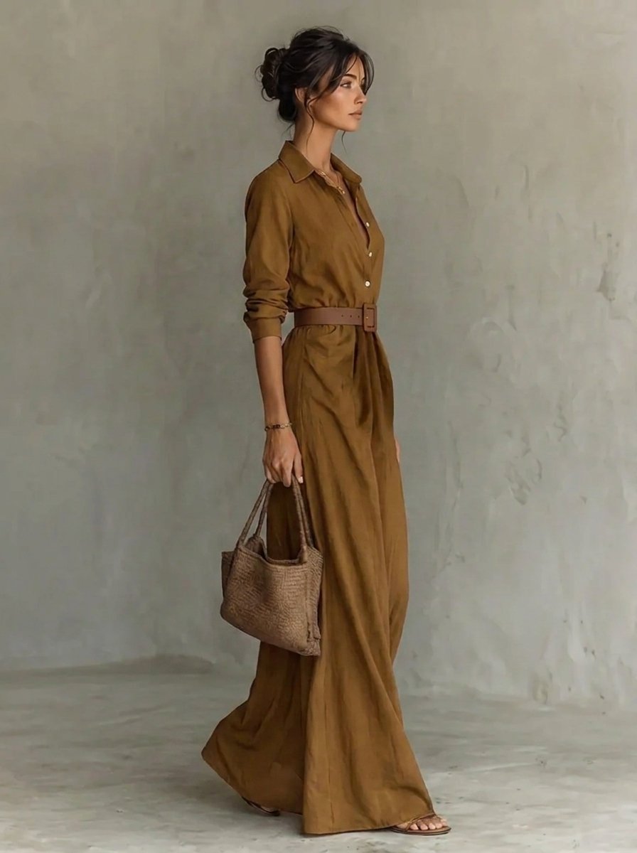 Mila | Dames Maxi Long Sleeve Dress Gesmockte Taille Hemdsjurk