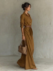 Mila | Dames Maxi Long Sleeve Dress Gesmockte Taille Hemdsjurk