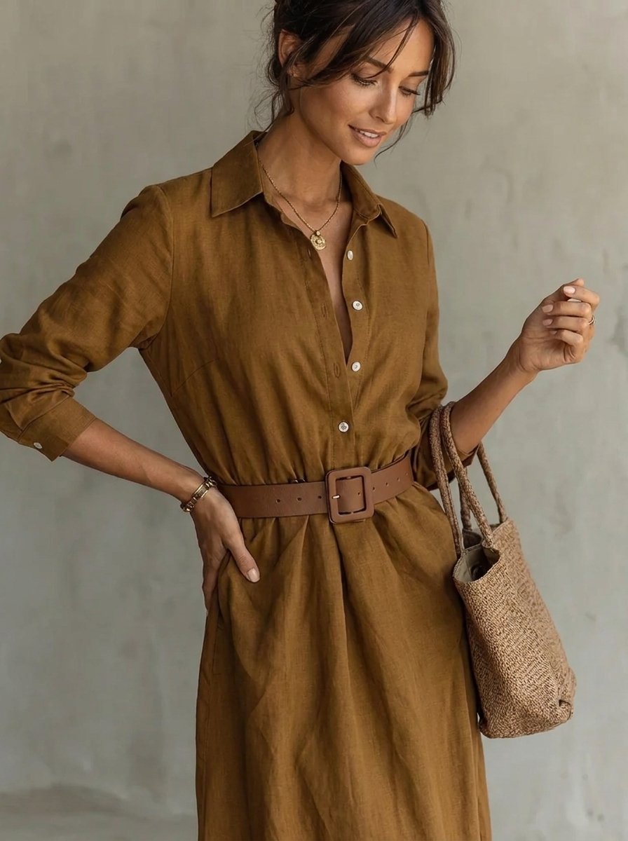 Mila | Dames Maxi Long Sleeve Dress Gesmockte Taille Hemdsjurk