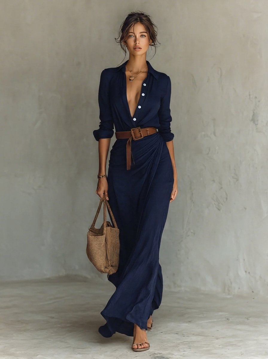 Mila | Dames Maxi Long Sleeve Dress Gesmockte Taille Hemdsjurk