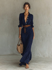 Mila | Dames Maxi Long Sleeve Dress Gesmockte Taille Hemdsjurk