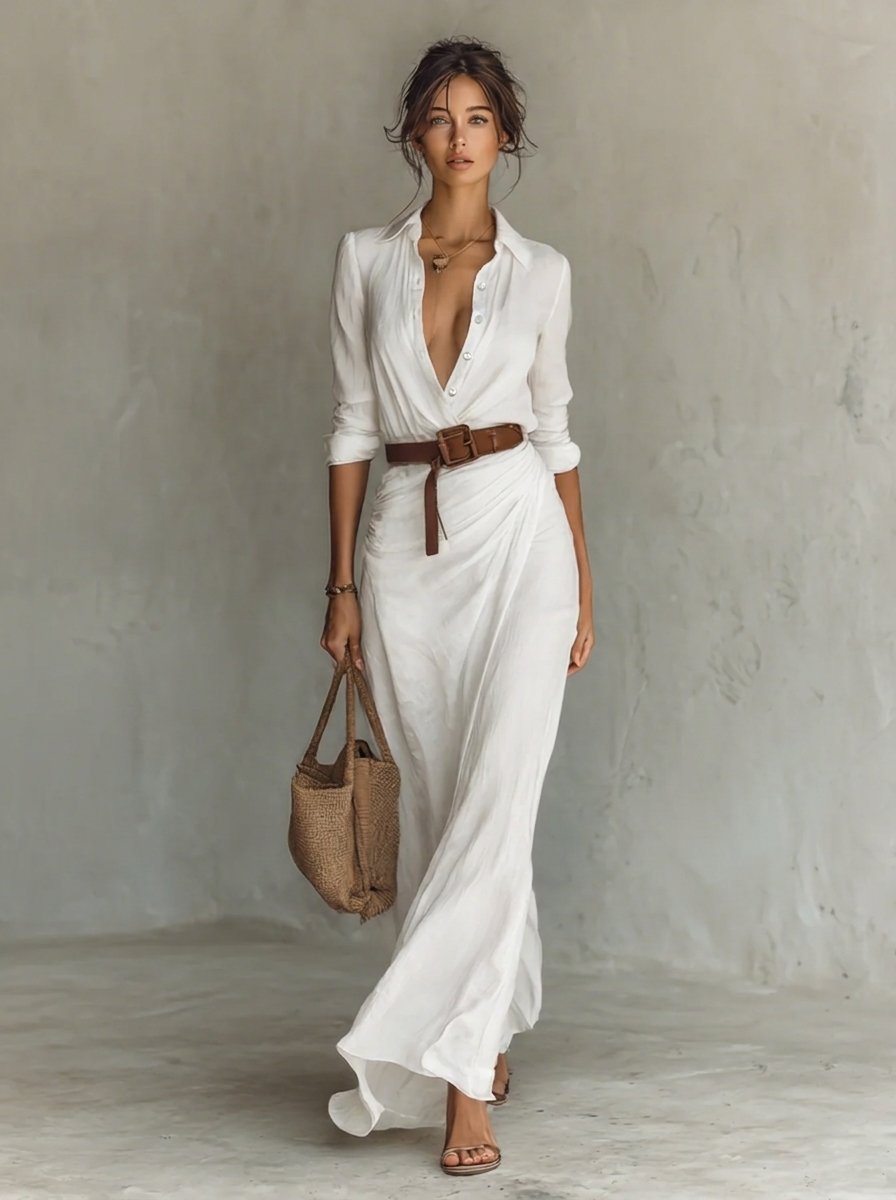 Mila | Dames Maxi Long Sleeve Dress Gesmockte Taille Hemdsjurk