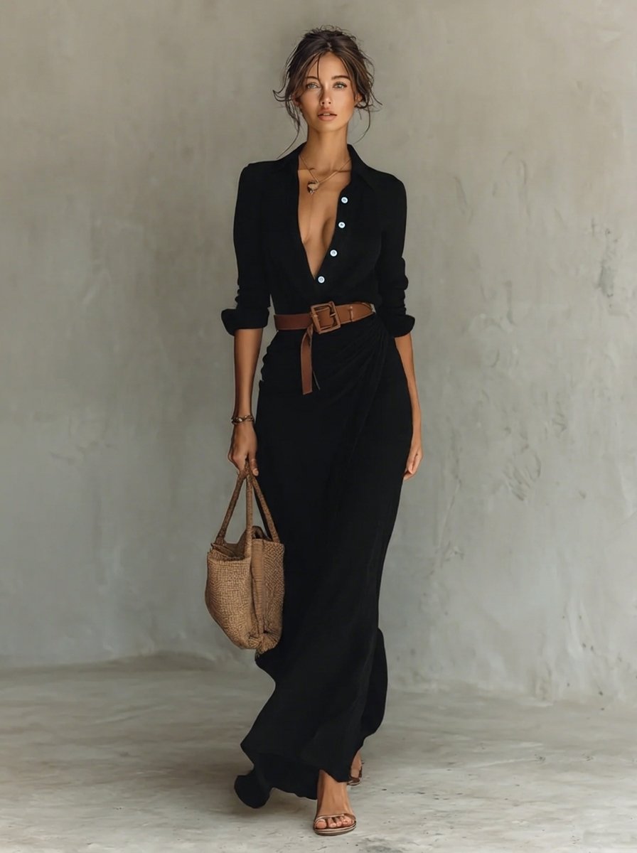Mila | Dames Maxi Long Sleeve Dress Gesmockte Taille Hemdsjurk