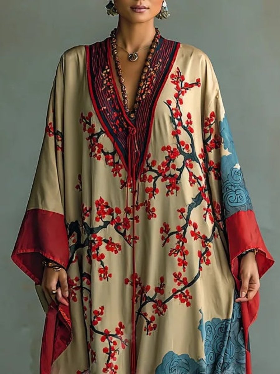 Lotte | Dames Maxi Long Sleeve Dress Vleermuismouw Japanse Pruimenbloesemprint