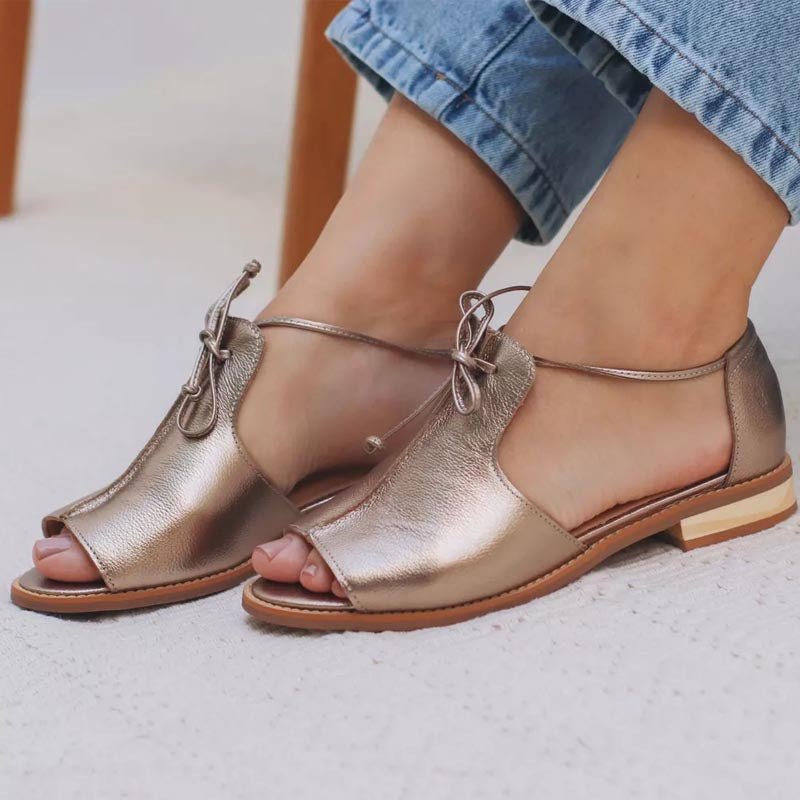 Tessa | Dames Metallic Open Teen Sandalen Strikbandje Plat