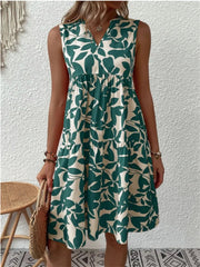 Olivia | Dames Mouwloze A-lijn Zomerjurk Tropische Bladprint V-hals