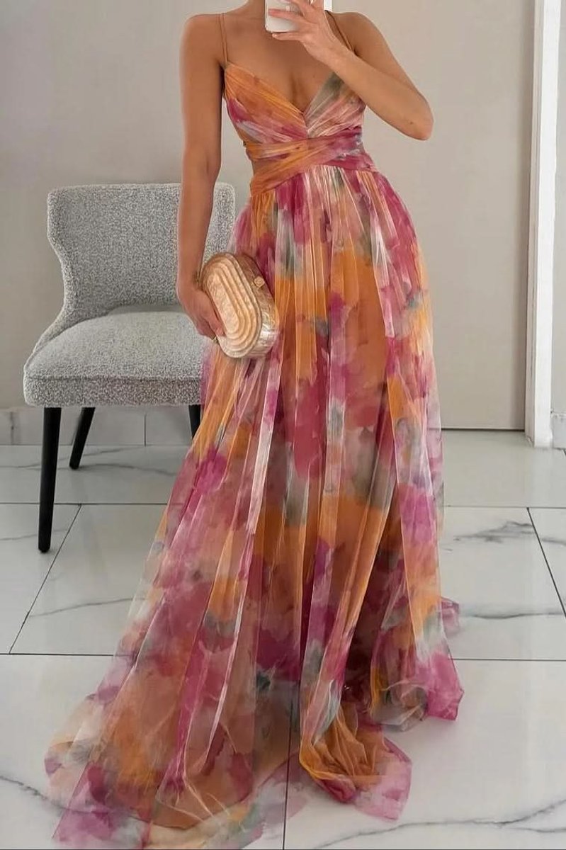 Sanne | Dames Mouwloze Bloemenprint Maxi Cocktail Dress A-Lijn