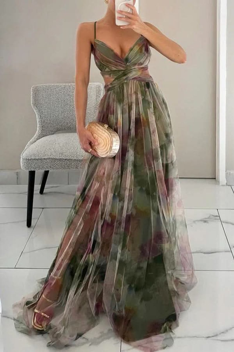 Sanne | Dames Mouwloze Bloemenprint Maxi Cocktail Dress A-Lijn