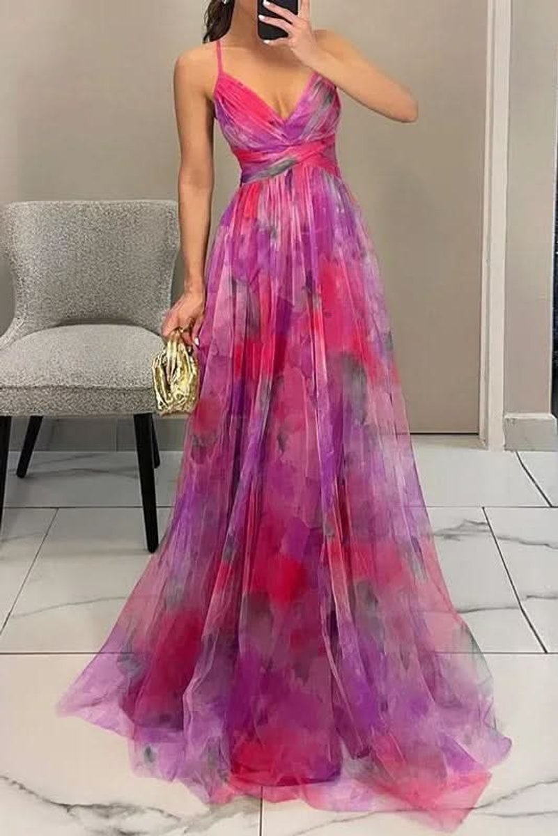 Sanne | Dames Mouwloze Bloemenprint Maxi Cocktail Dress A-Lijn