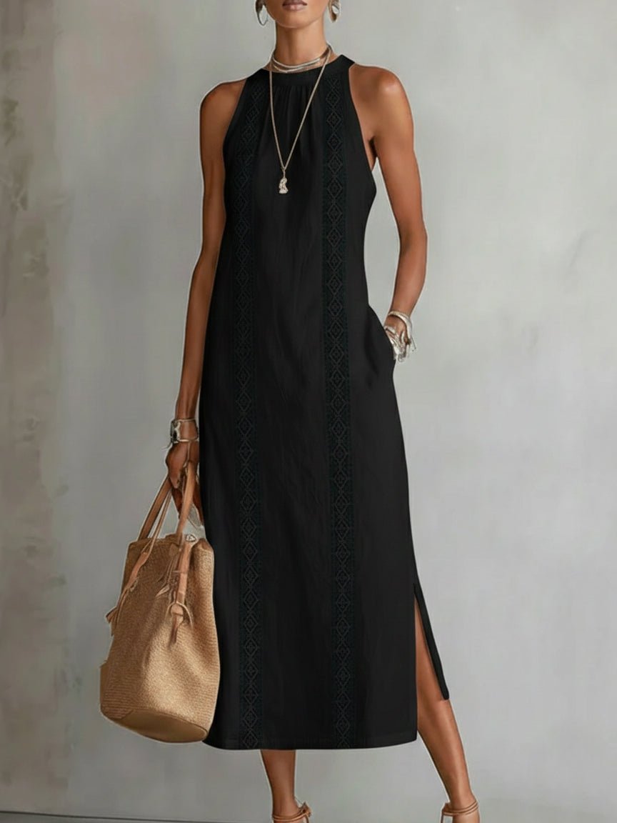 Sara | Dames Mouwloze Geborduurd Midi Jurk Ronde Hals