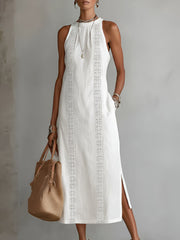 Sara | Dames Mouwloze Geborduurd Midi Jurk Ronde Hals
