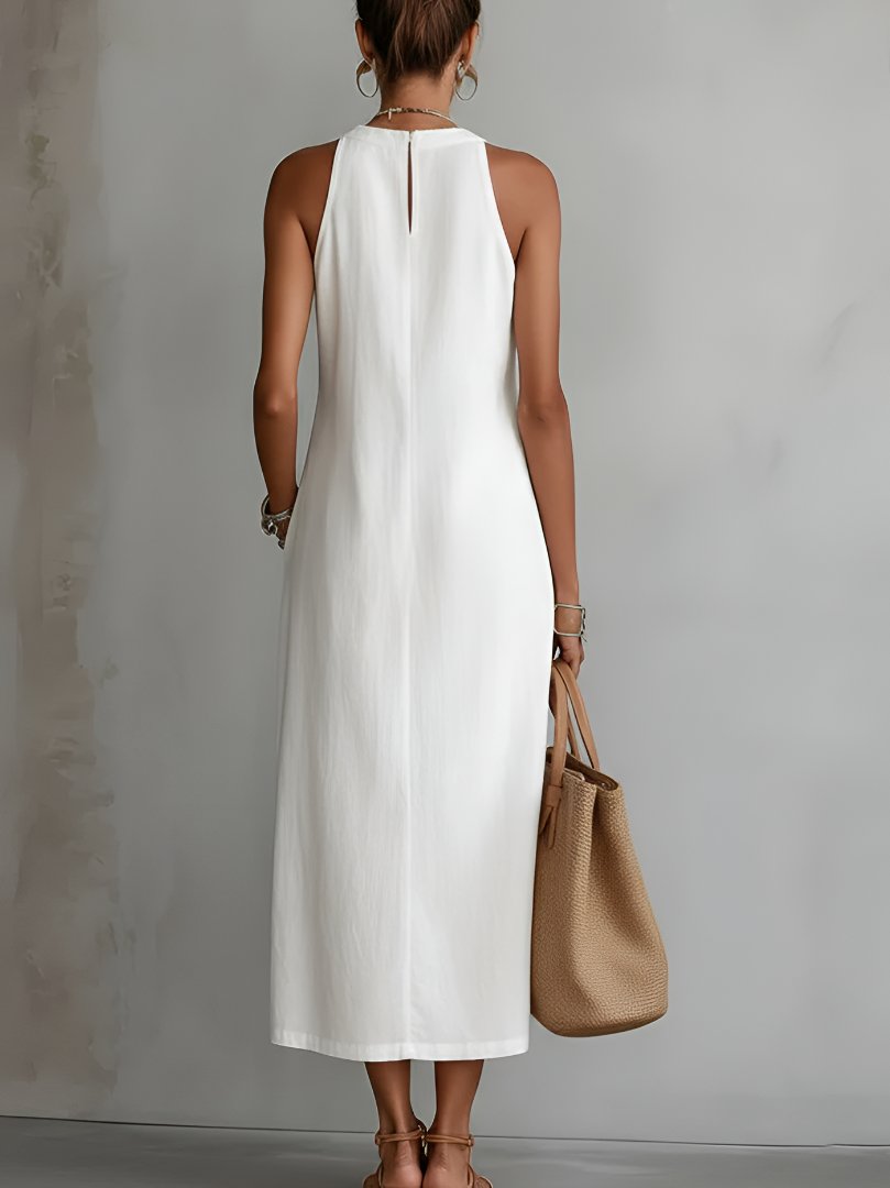 Sara | Dames Mouwloze Geborduurd Midi Jurk Ronde Hals