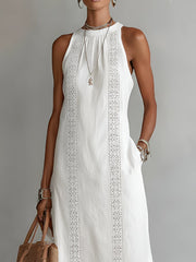 Sara | Dames Mouwloze Geborduurd Midi Jurk Ronde Hals