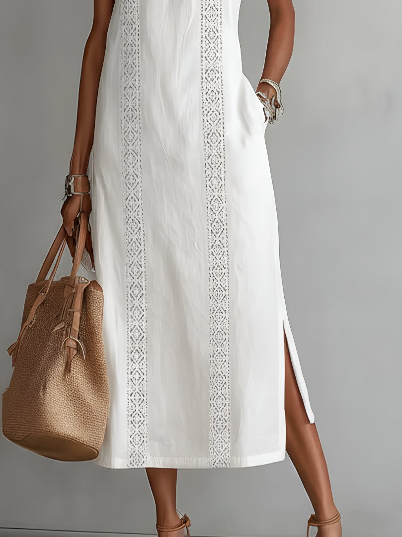 Sara | Dames Mouwloze Geborduurd Midi Jurk Ronde Hals