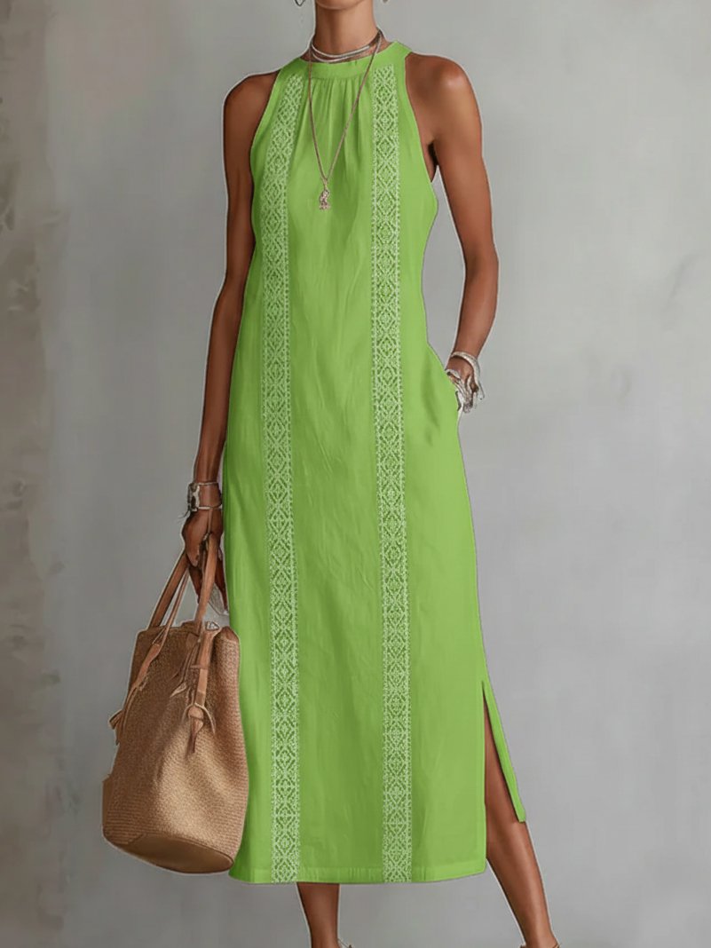 Sara | Dames Mouwloze Geborduurd Midi Jurk Ronde Hals