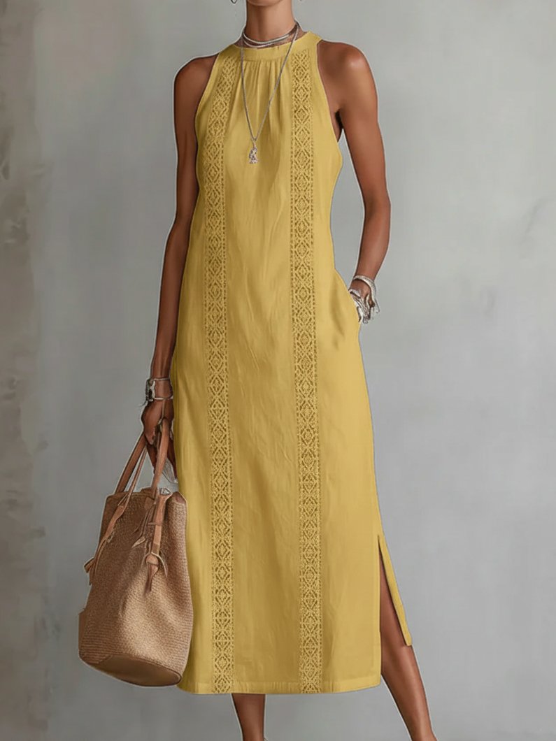 Sara | Dames Mouwloze Geborduurd Midi Jurk Ronde Hals
