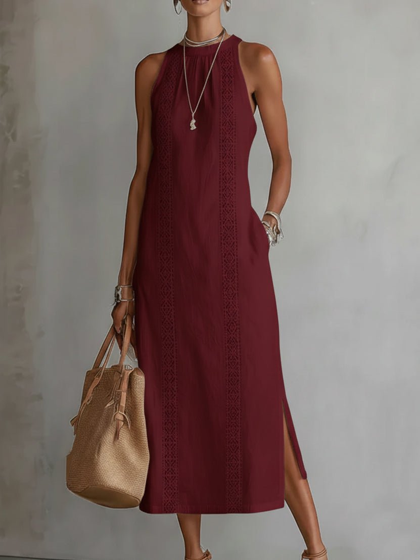 Sara | Dames Mouwloze Geborduurd Midi Jurk Ronde Hals