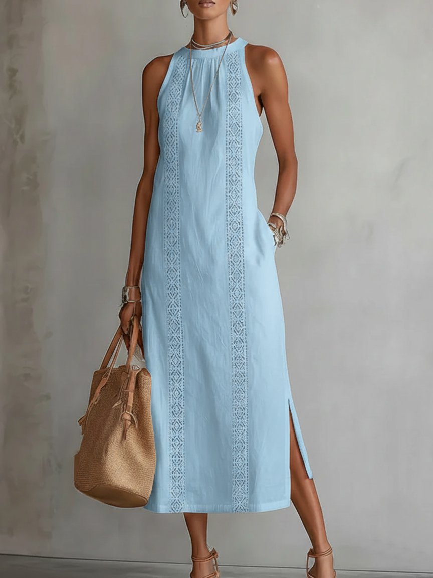 Sara | Dames Mouwloze Geborduurd Midi Jurk Ronde Hals